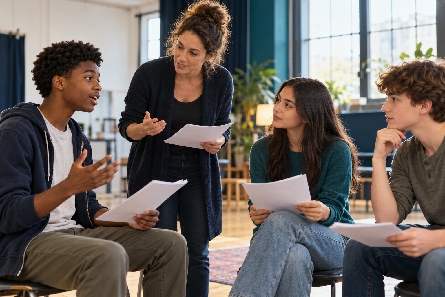 Illustration of teenagers practicing a scene with an acting coach